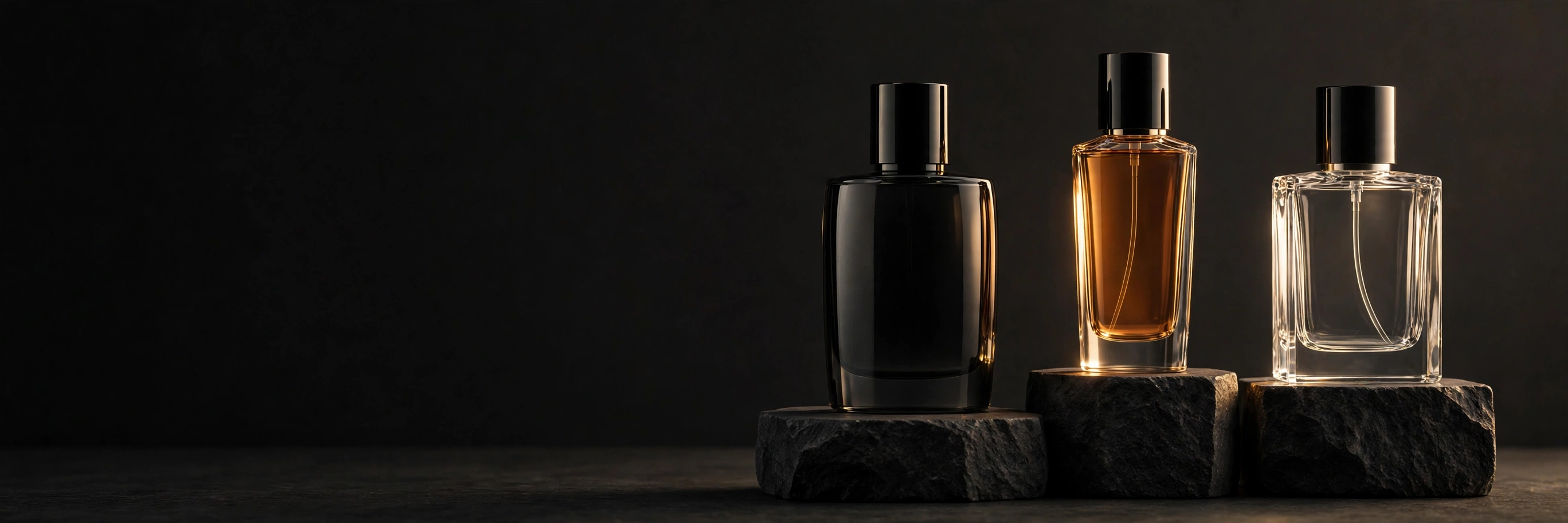 Composición editorial de perfumería clásica con luz dorada