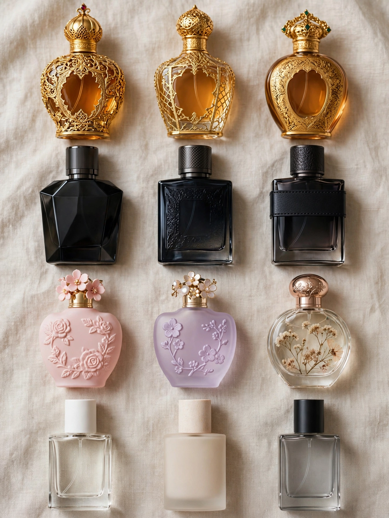 Ilustración editorial de frascos y utensilios de perfumería